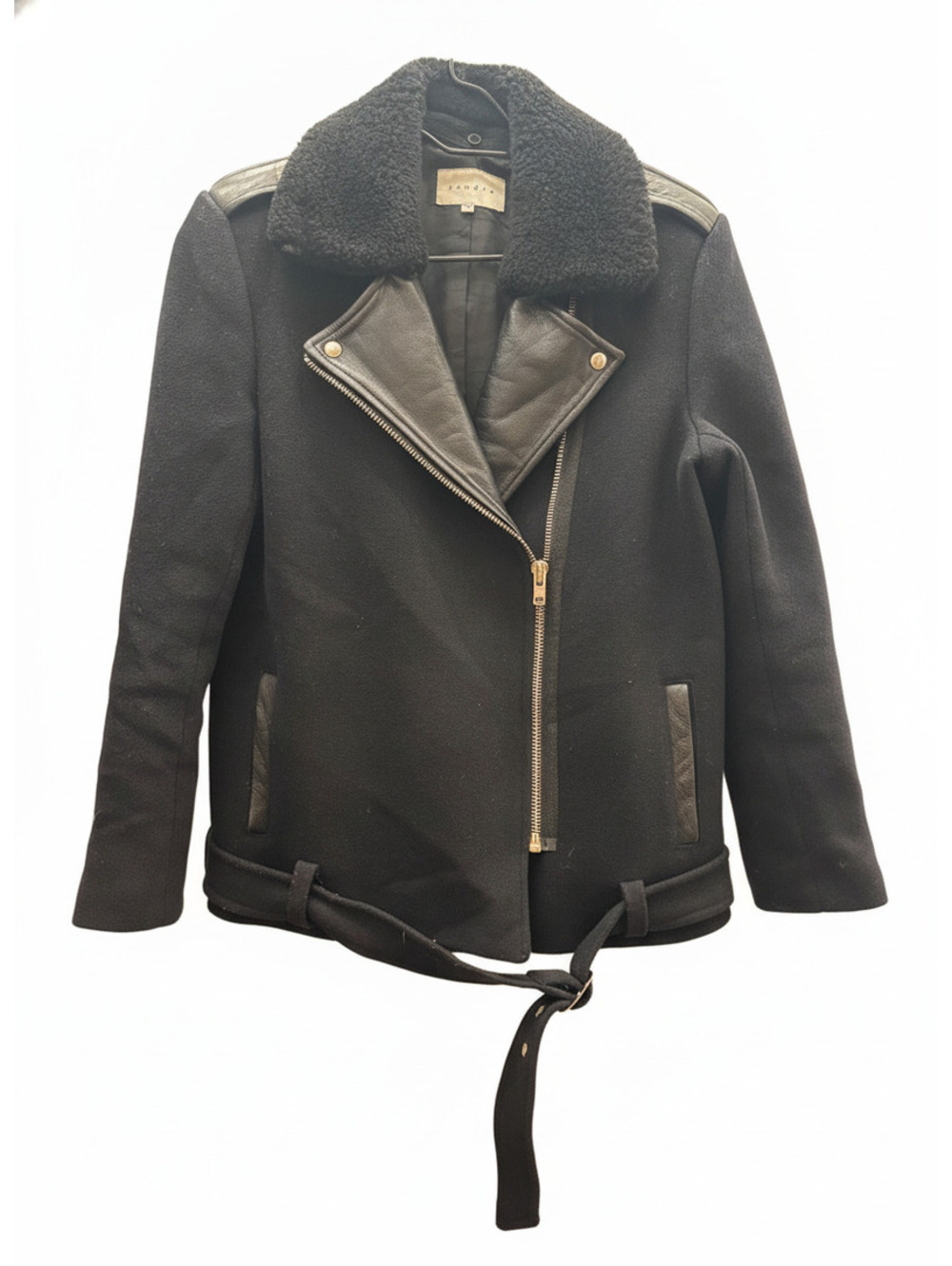 SANDRO Women Black Wool/Leather Full Zip Shearling Neck Moto Jacket